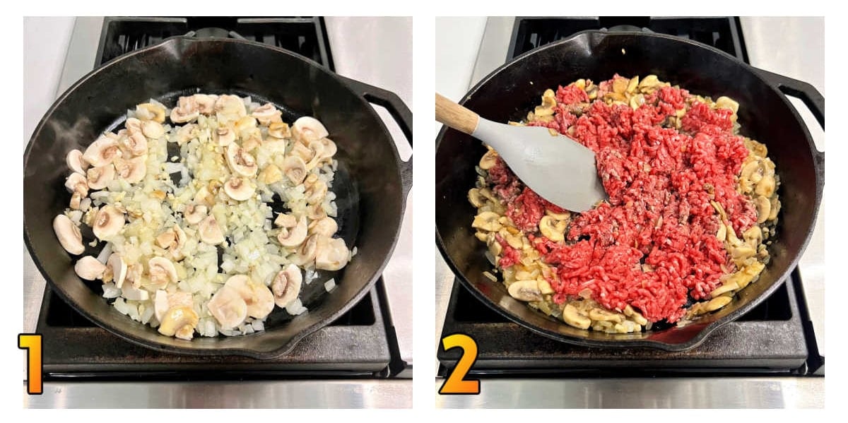Steps 1 and 2 for making sweet potato shepherd's pie.