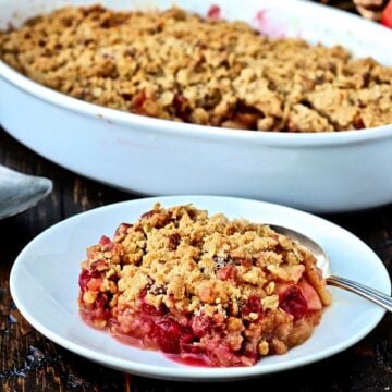 Piece of Apple cranberry crisp on a white dish