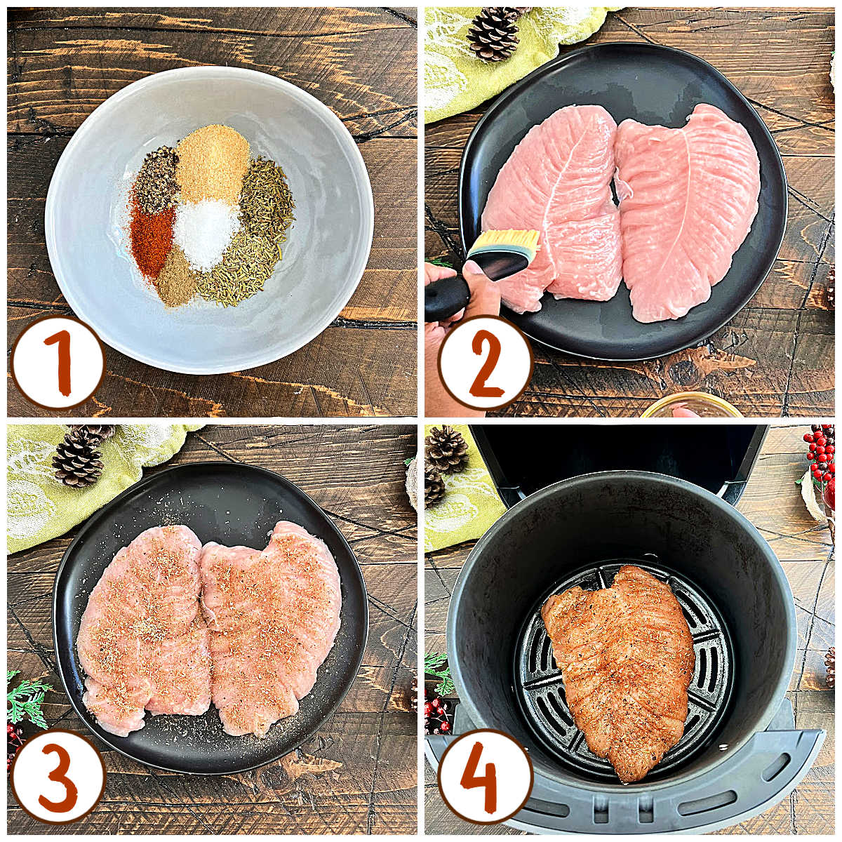 Steps 1-4 how to make air fryer turkey tenderloin. 