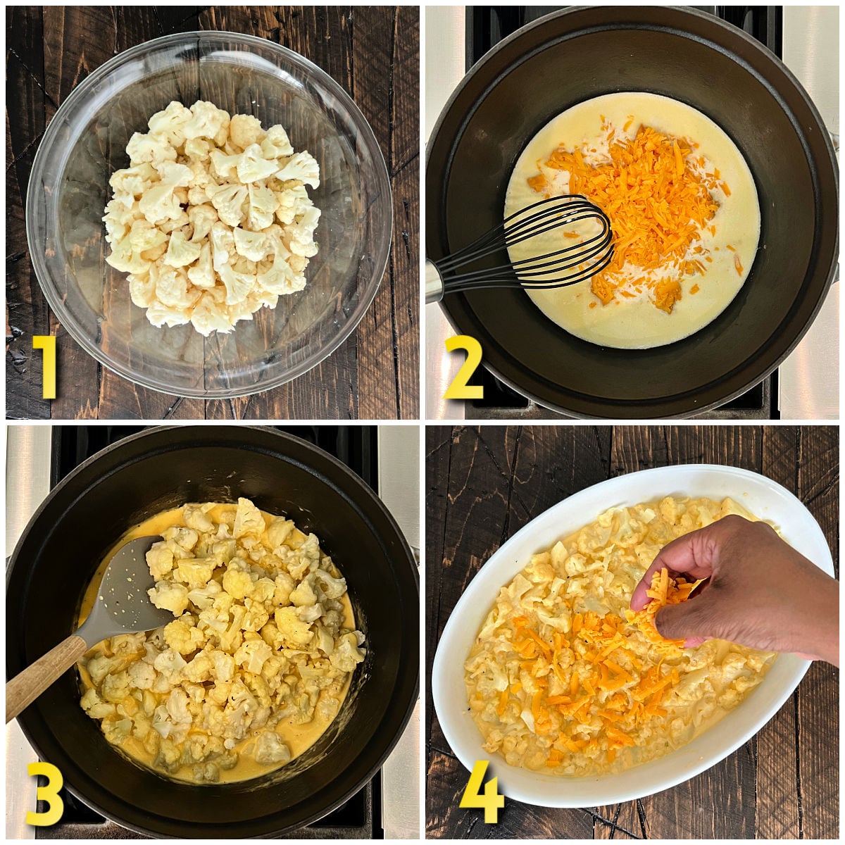 Steps 1-4 how to make cauliflower mac and cheese.