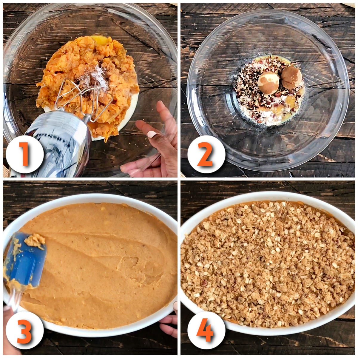 Collage of steps 1-4 how to make sweet potato casserole.