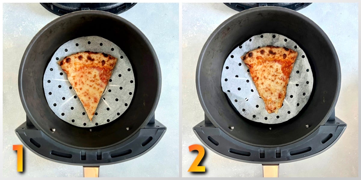 Steps for reheating pizza in the air fryer.
