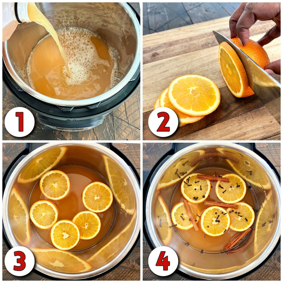 Steps 1-4 how to make mulled cider.