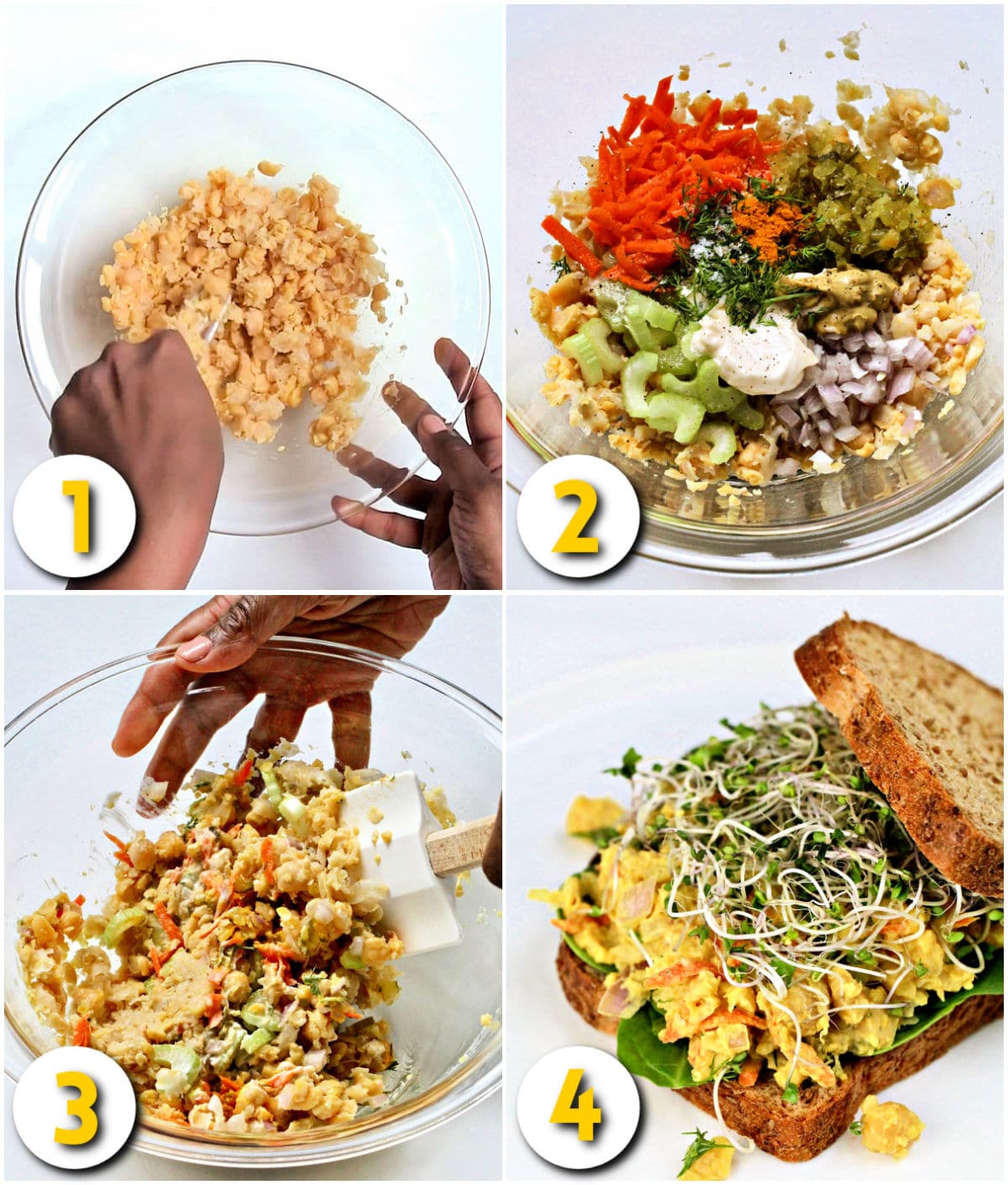 Steps 1-4 how to make chickpea egg salad.