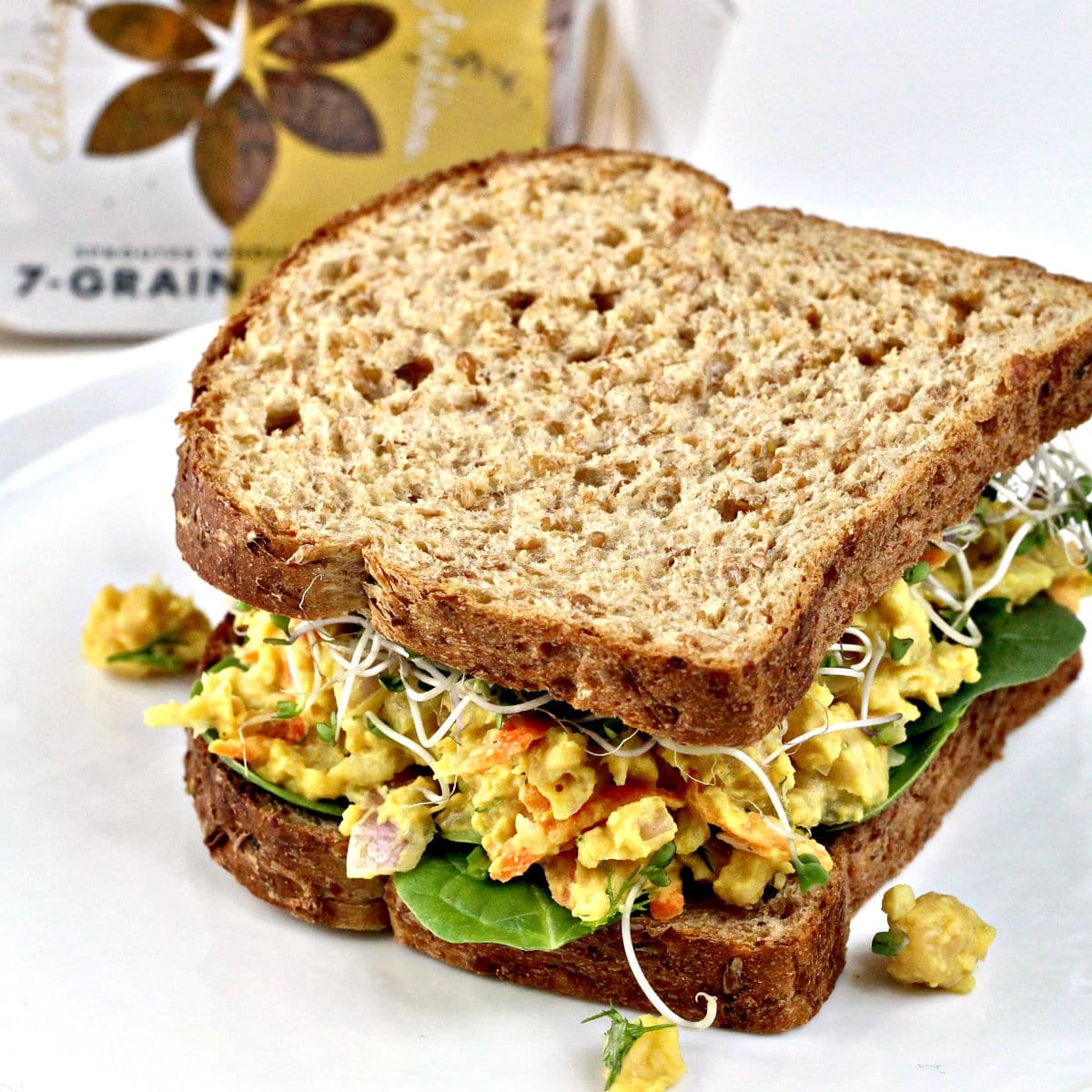Chickpea egg salad sandwich on whole grain bread.