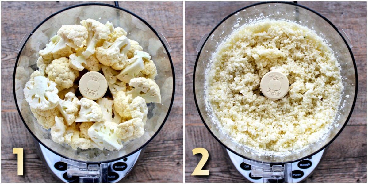 Steps 1-2 how to make cheesy cauliflower bread.