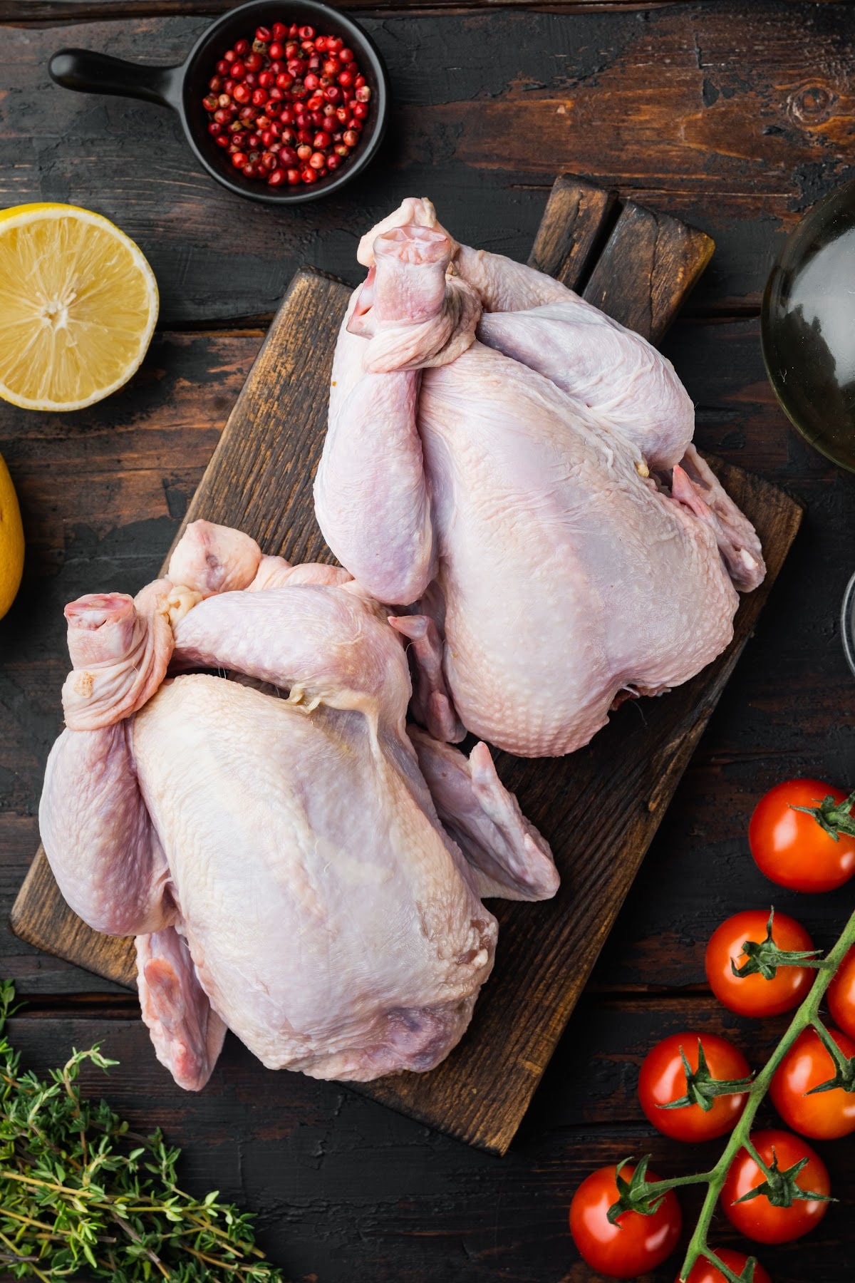 Uncooked whole chickens on wooden cutting board surrounded by fresh ingredients