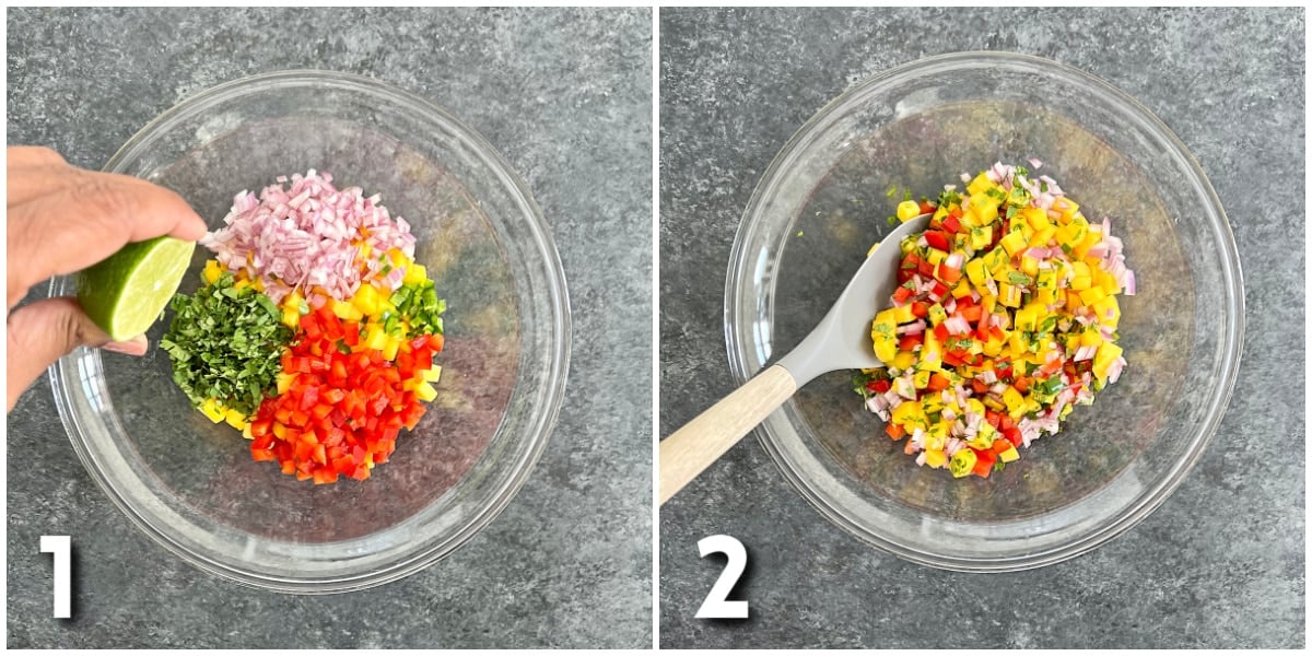 Steps 1 and 2 of how to make mango salsa.