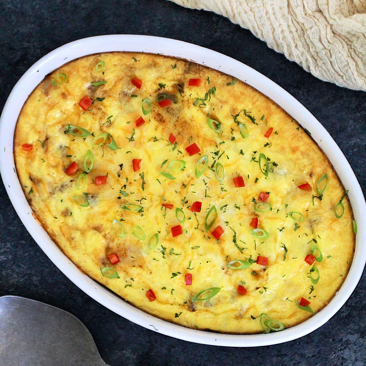 Easy keto taco casserole in a white casserole dish.