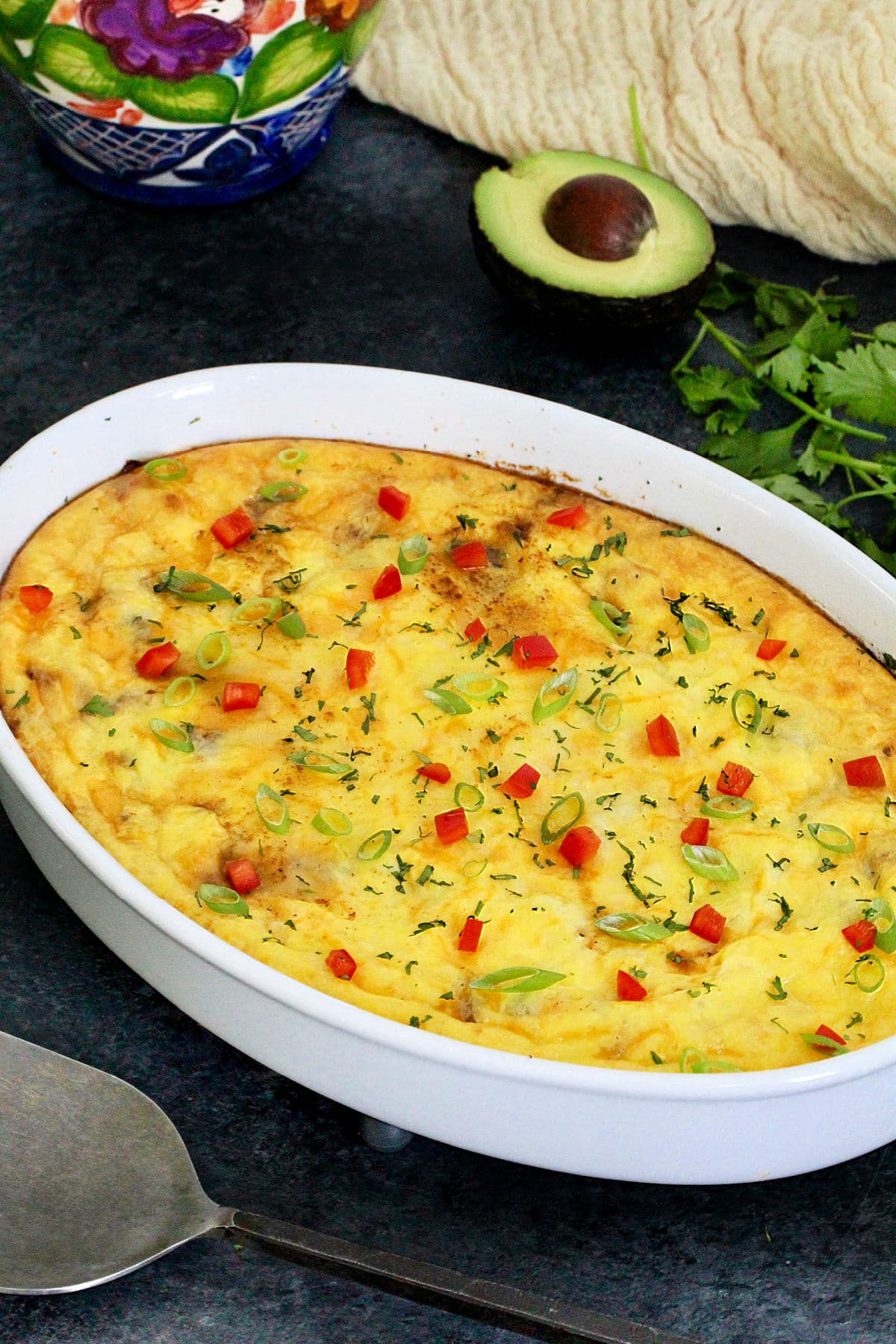 Easy keto taco casserole in a white casserole dish.