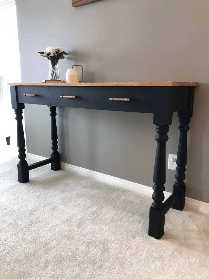 black console table with faux drawer and wood top