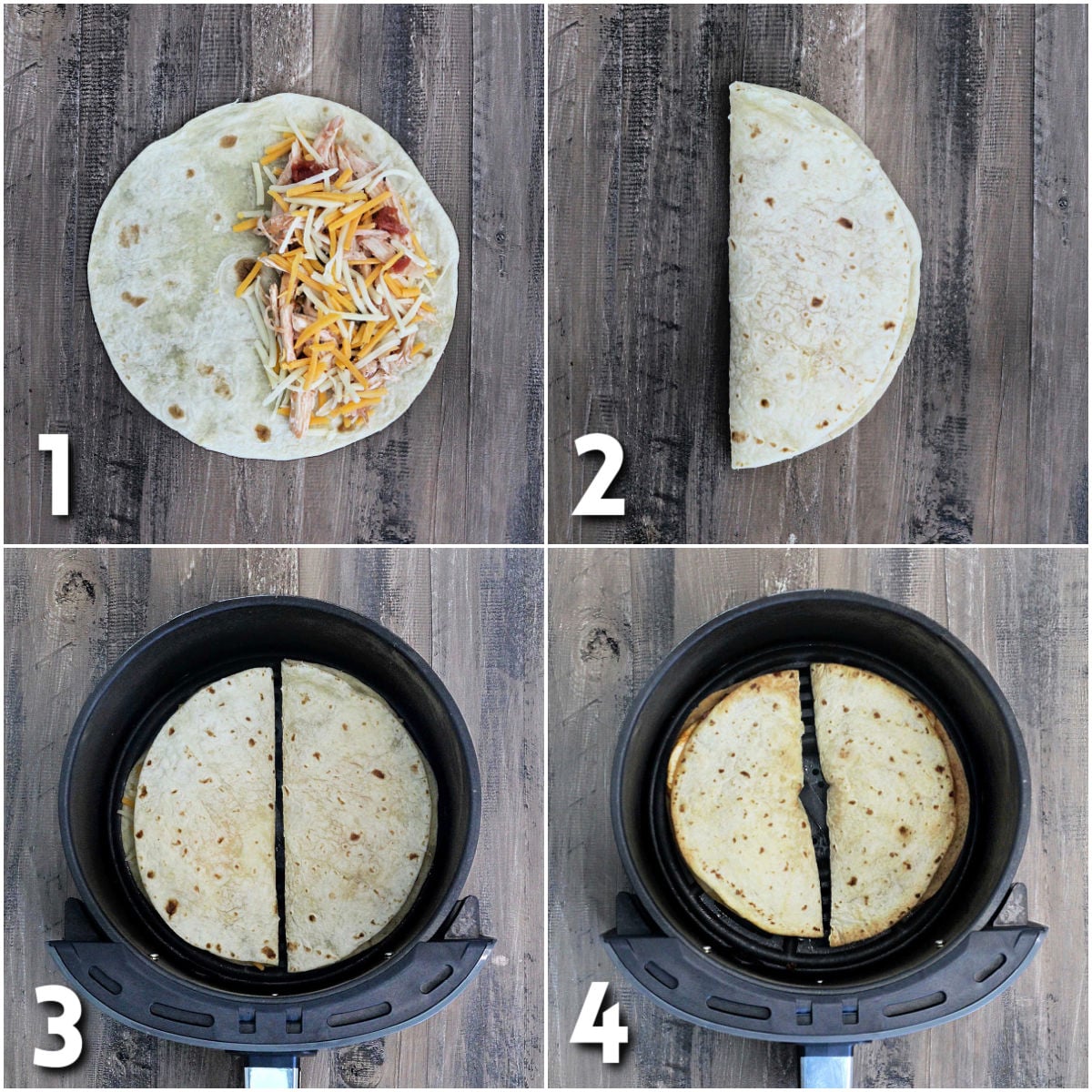 Steps for making air fryer chicken quesadillas.