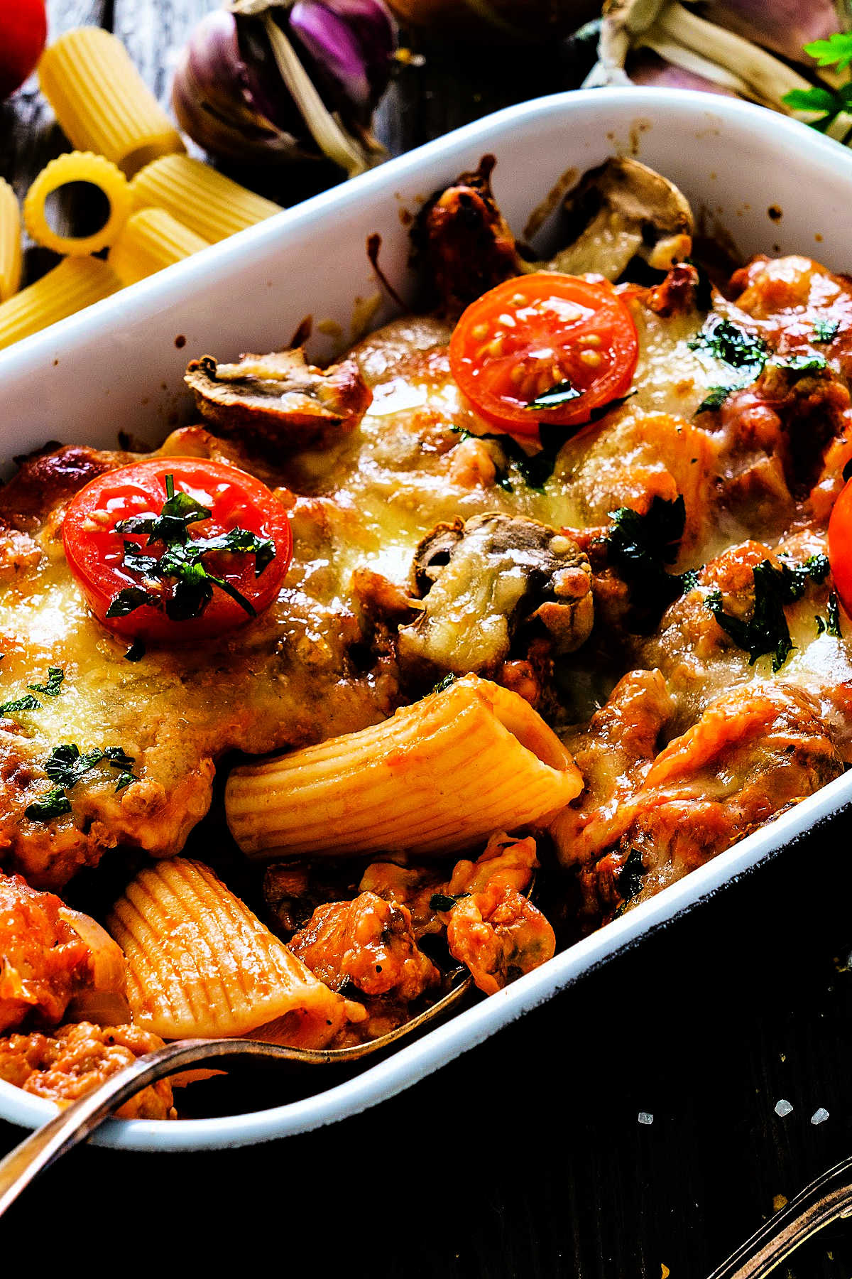Baked rigatoni in a casserole dish.