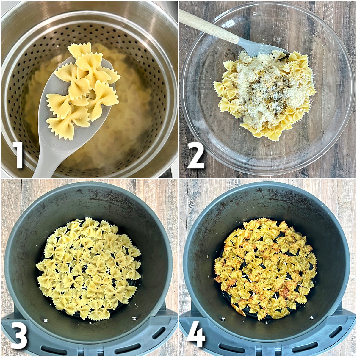 Steps for making pasta chips.