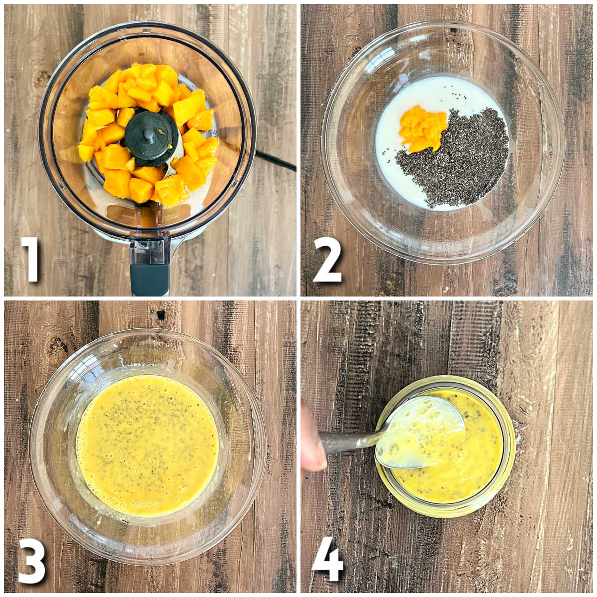 Steps for mango chia pudding.