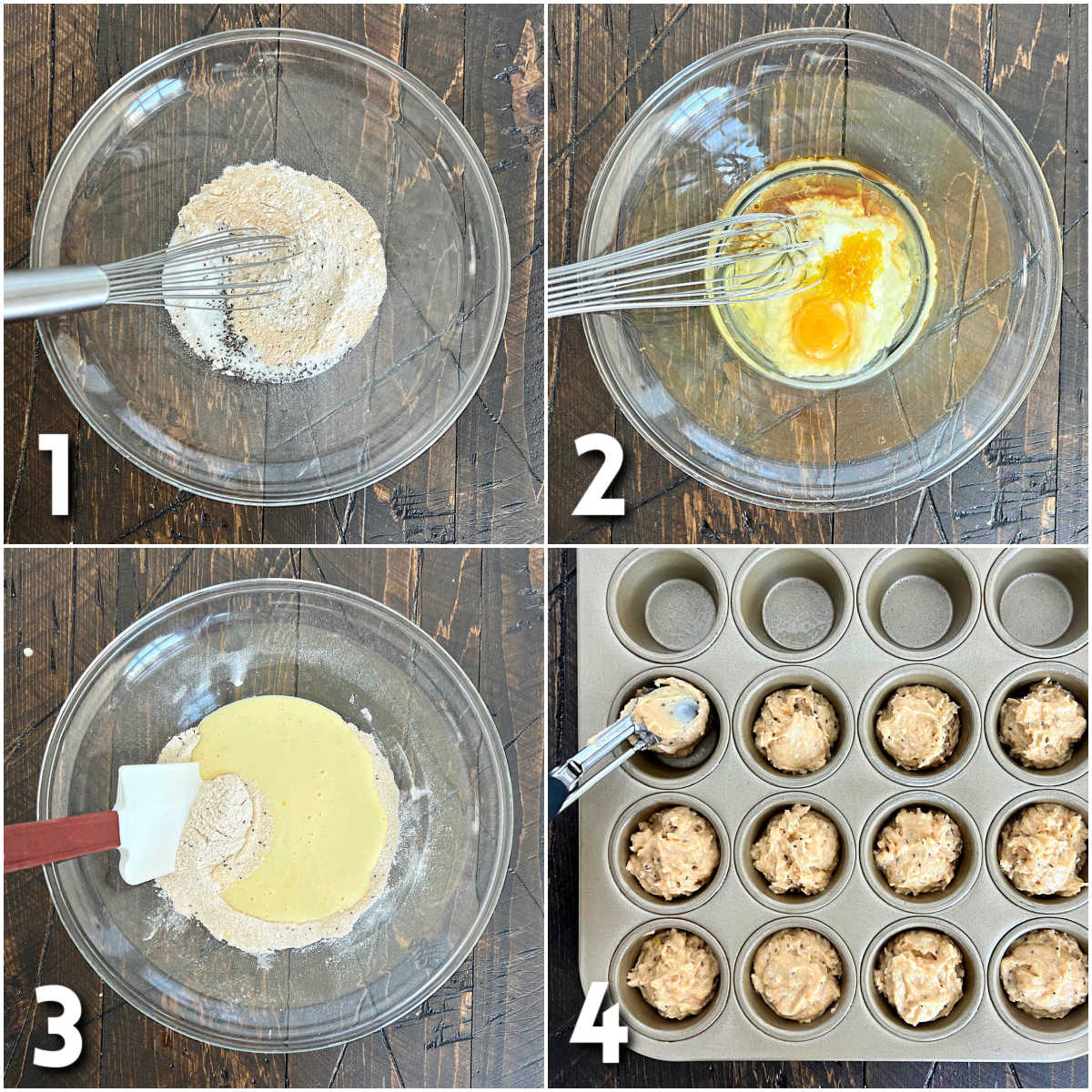 Steps for making lemon chia seed muffins.
