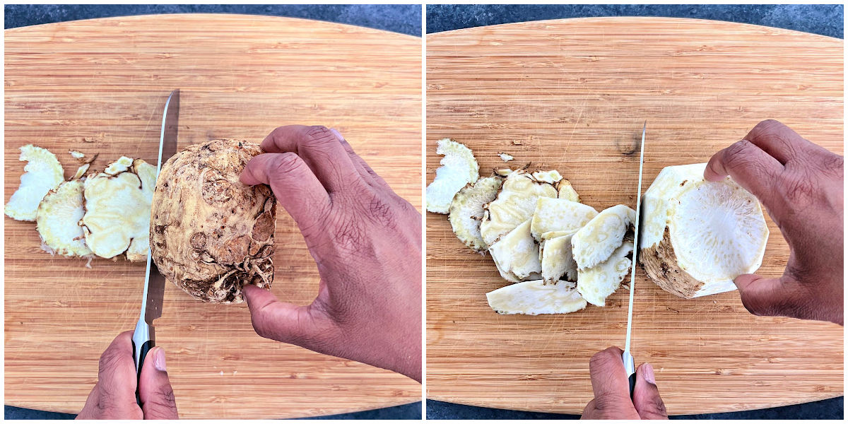 Steps for cutting celeriac (celery root) to make a puree.