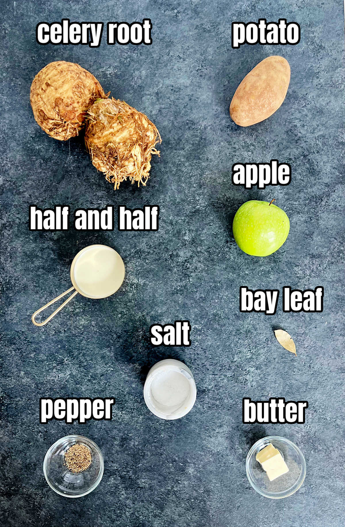 Ingredients for celeriac (celery root) puree.