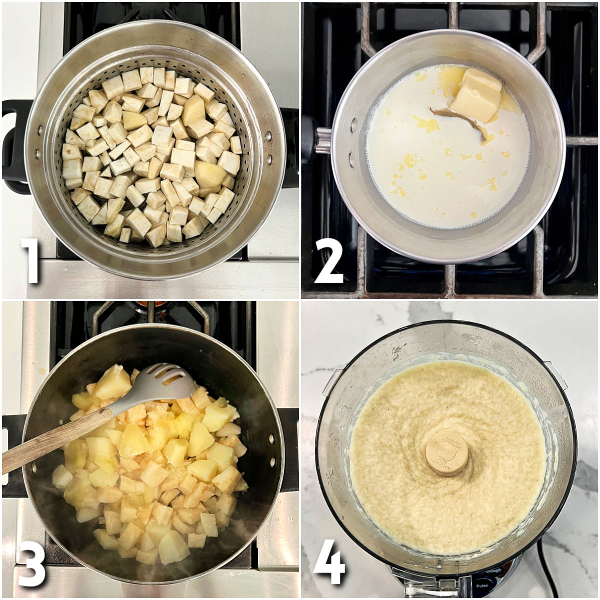 Steps for making celeriac (celery root) puree.