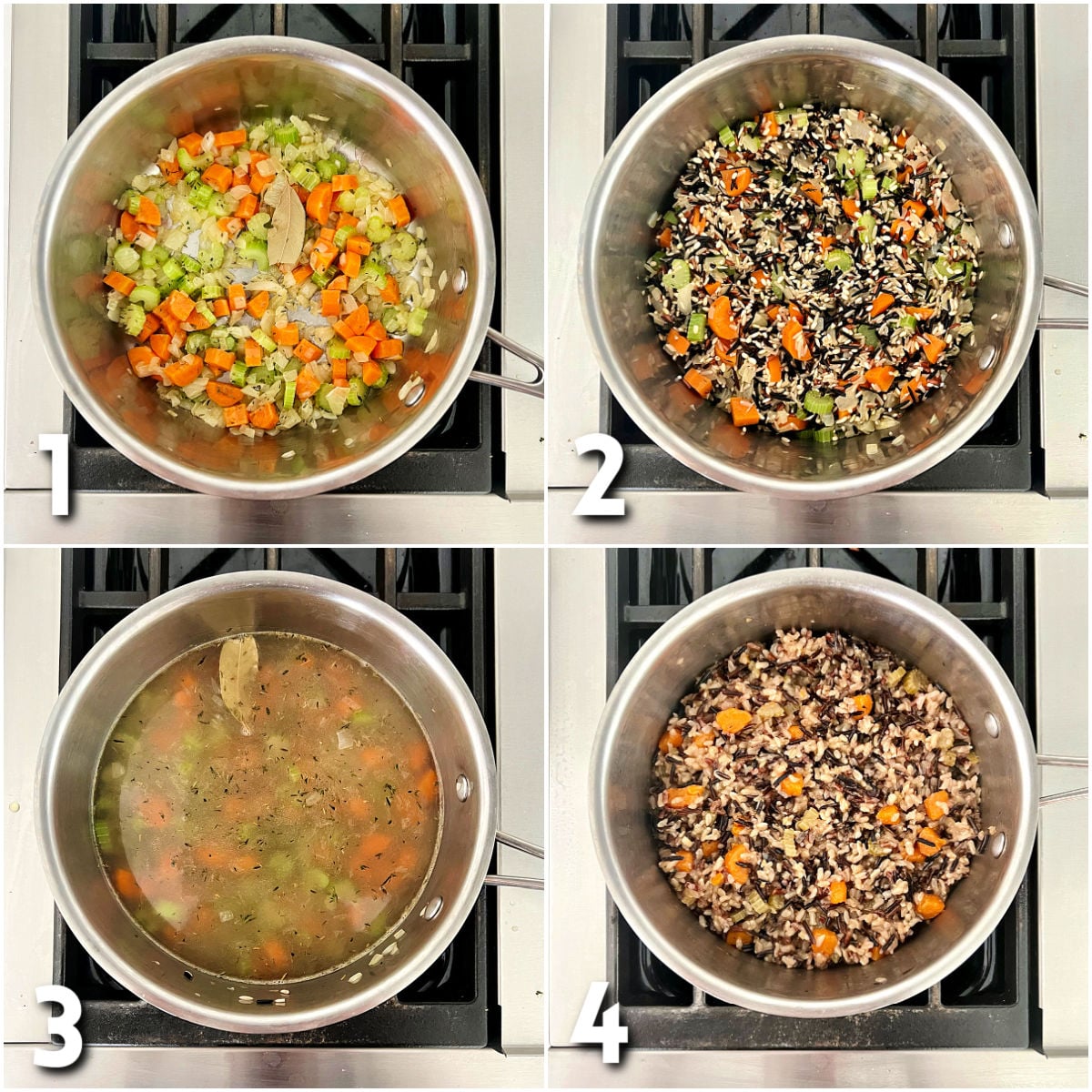 Steps 1-4 how to make wild rice pilaf.