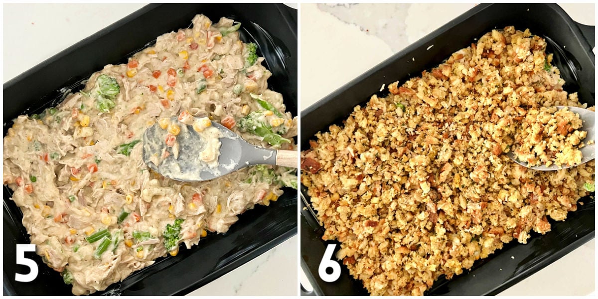 Steps for making turkey and stuffing casserole.