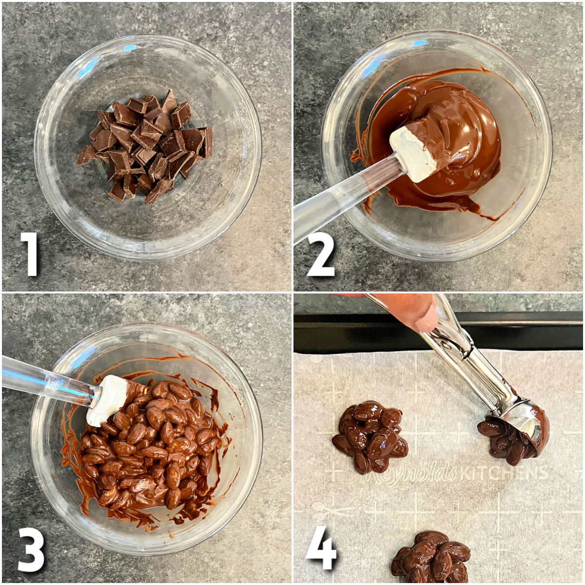 Steps 1-4 for making chocolate almond clusters.