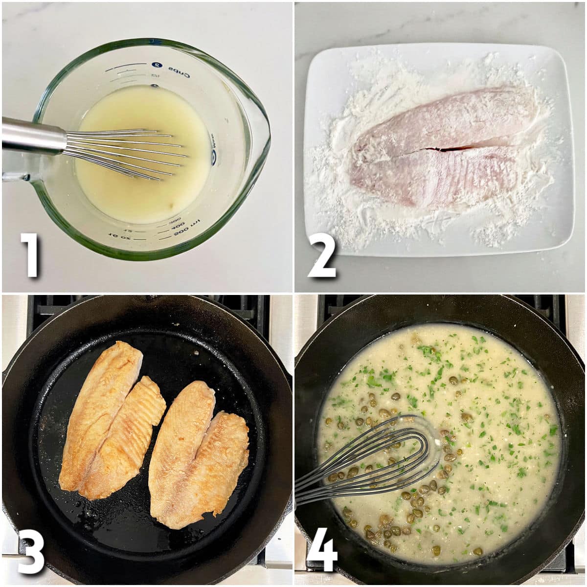 Steps for making tilapia piccata.