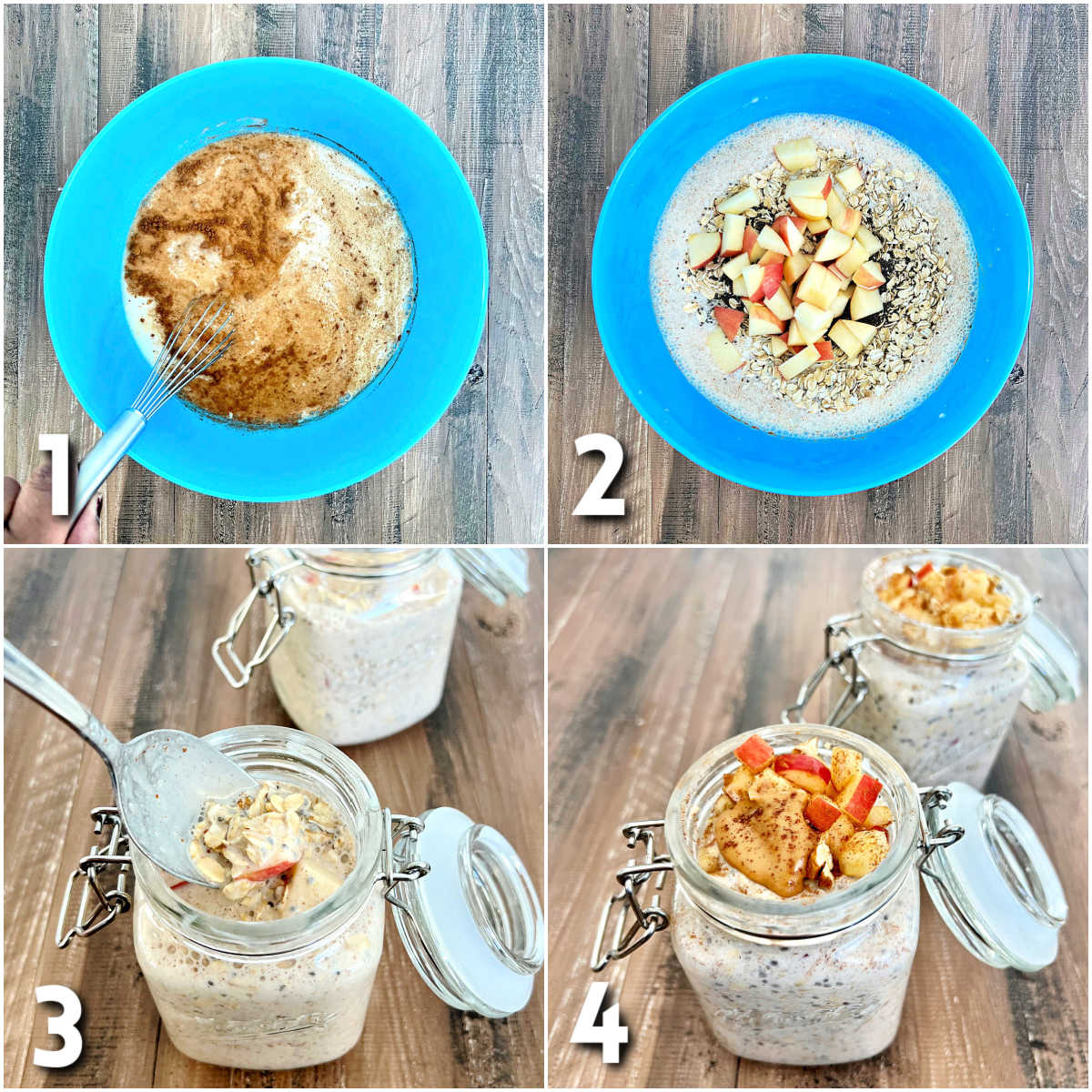Steps for making apple cinnamon overnight oats.