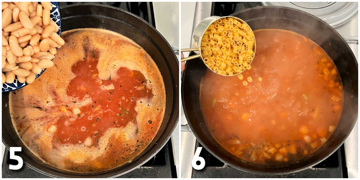Steps for making pasta e fagioli soup.