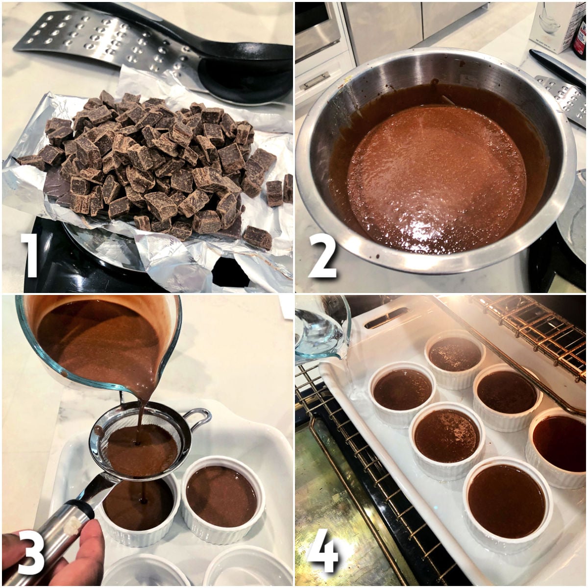 Steps for making chocolate pots de creme.
