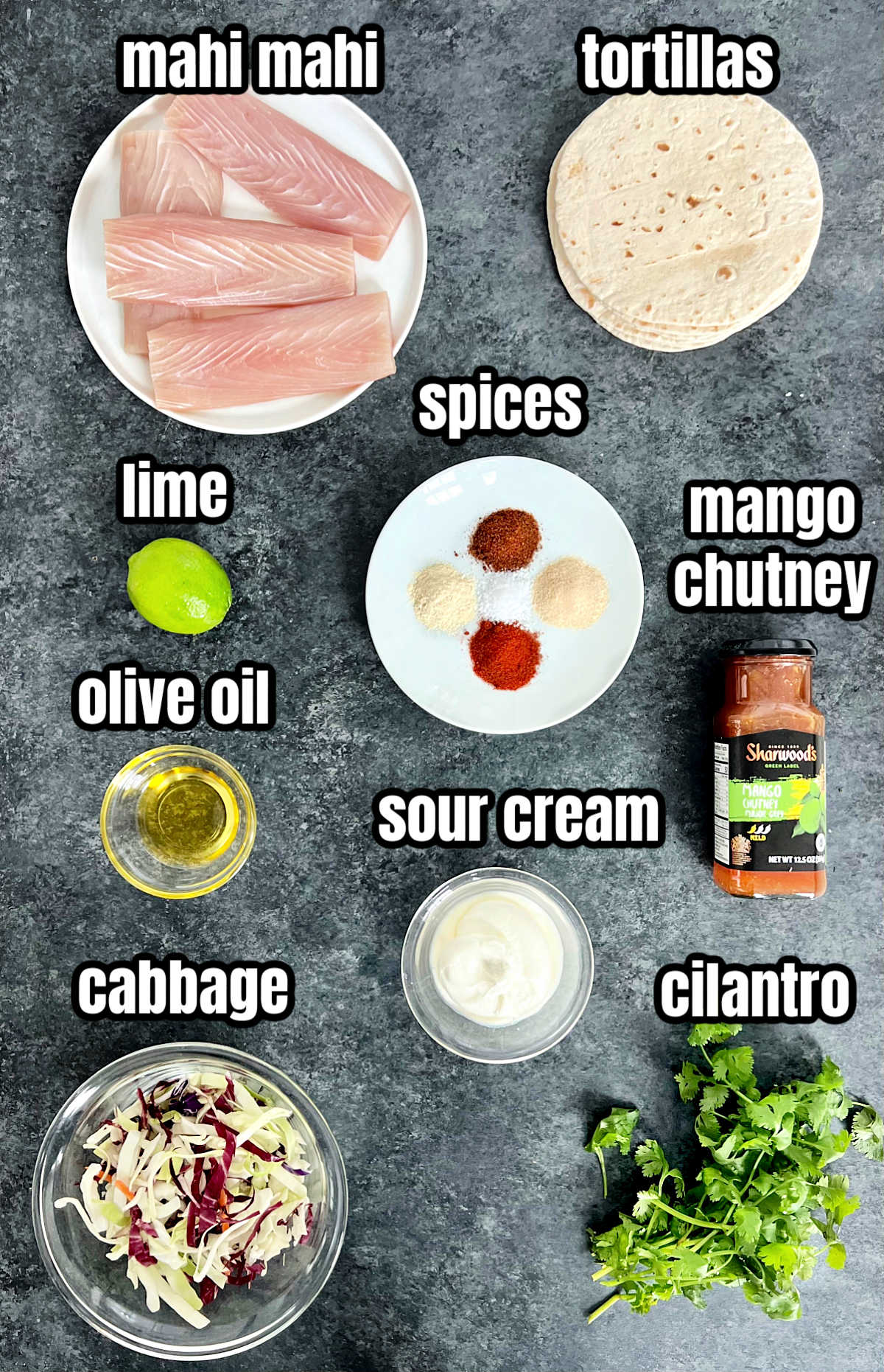Ingredients for making mahi mahi tacos.