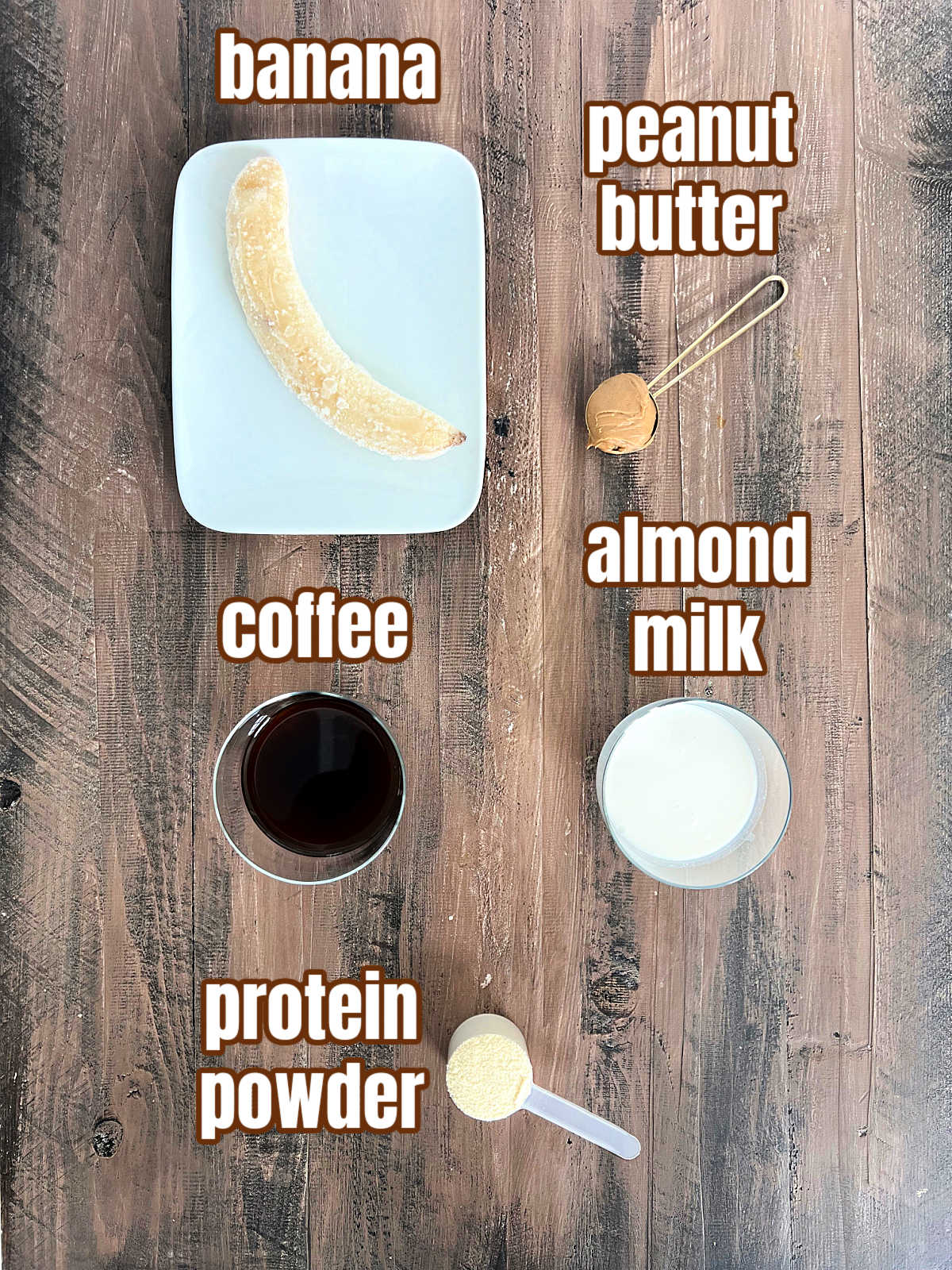 Ingredients for making a coffee protein smoothie.