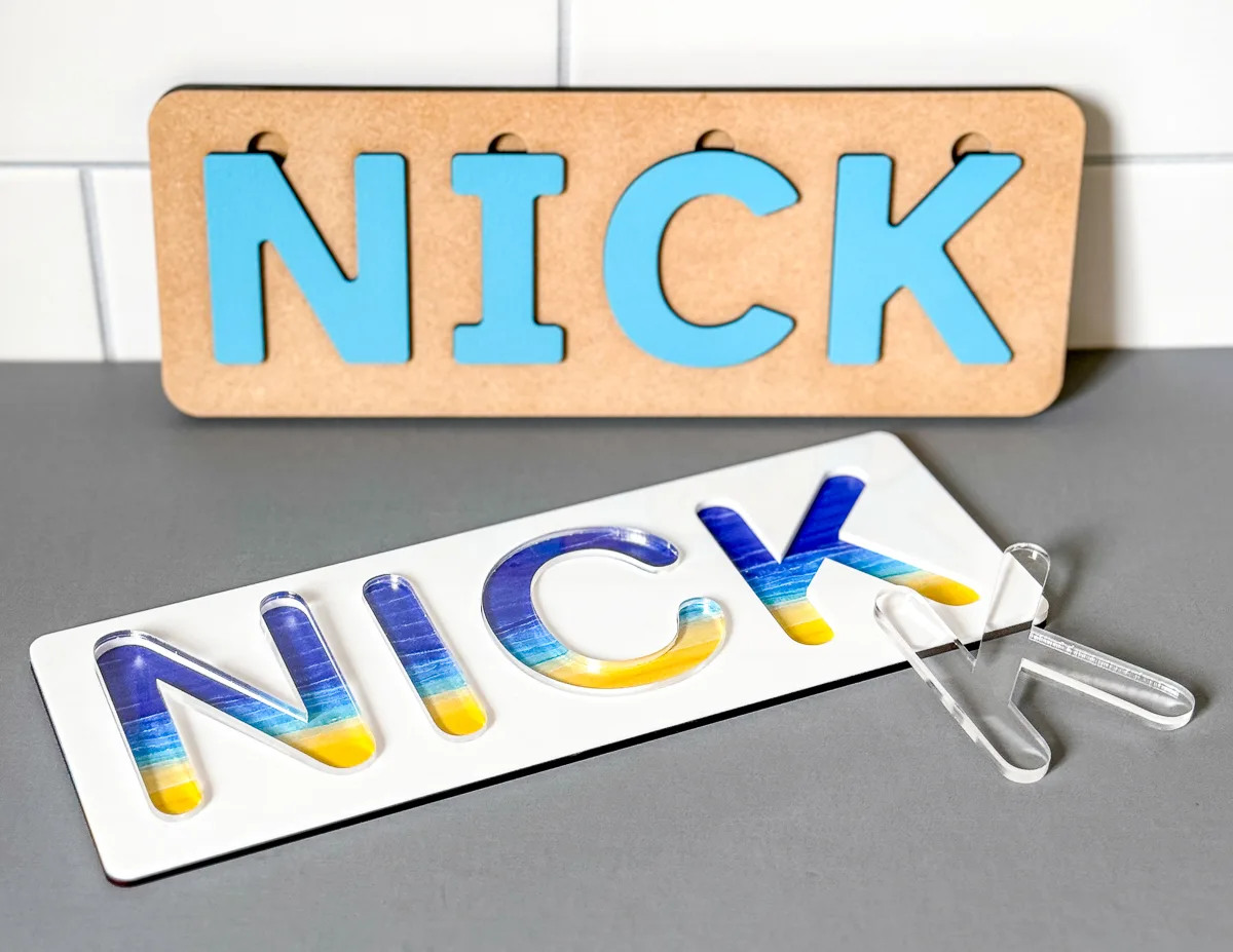 wooden and acrylic name puzzles