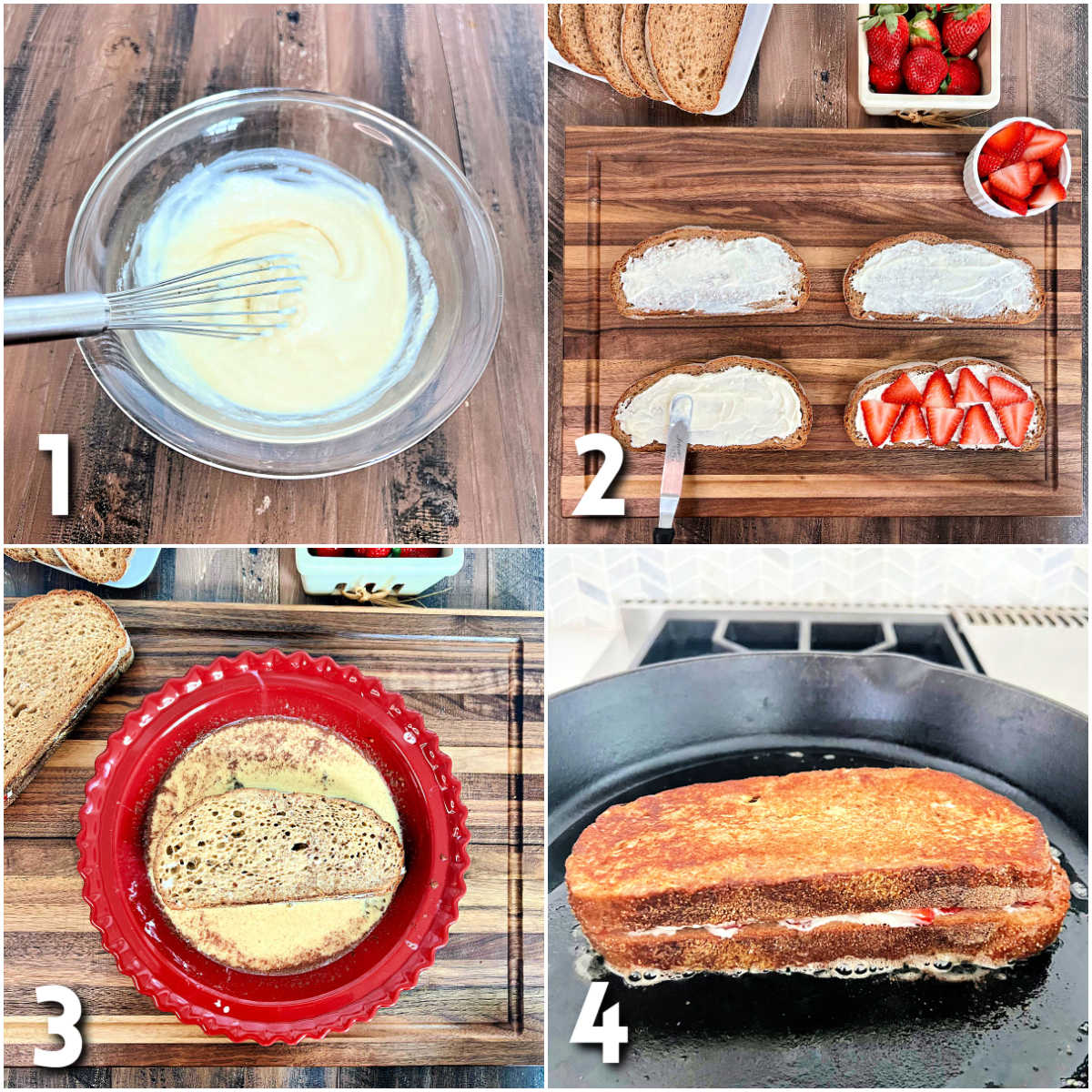 Steps for making strawberry stuffed French toast.