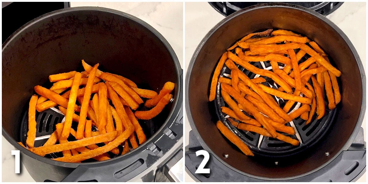 Steps for making air fryer frozen sweet potato fries.