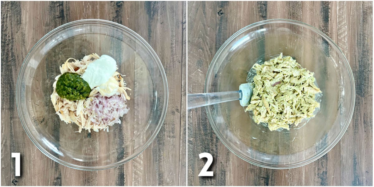 Steps for making pesto chicken salad.