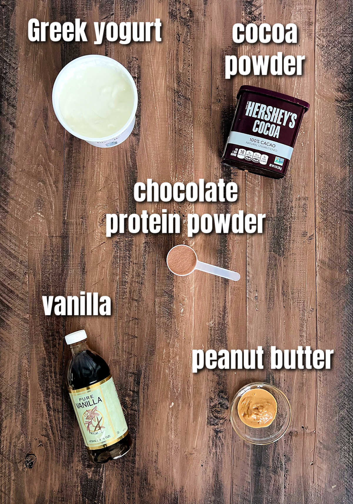 Ingredients for chocolate protein yogurt bowls