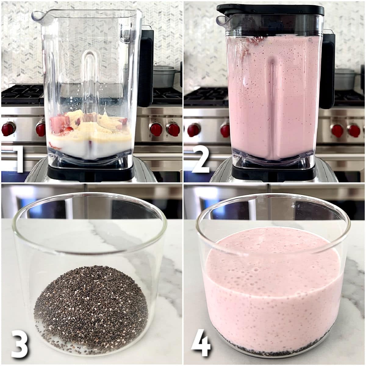 Steps for making strawberry cheesecake chia pudding.