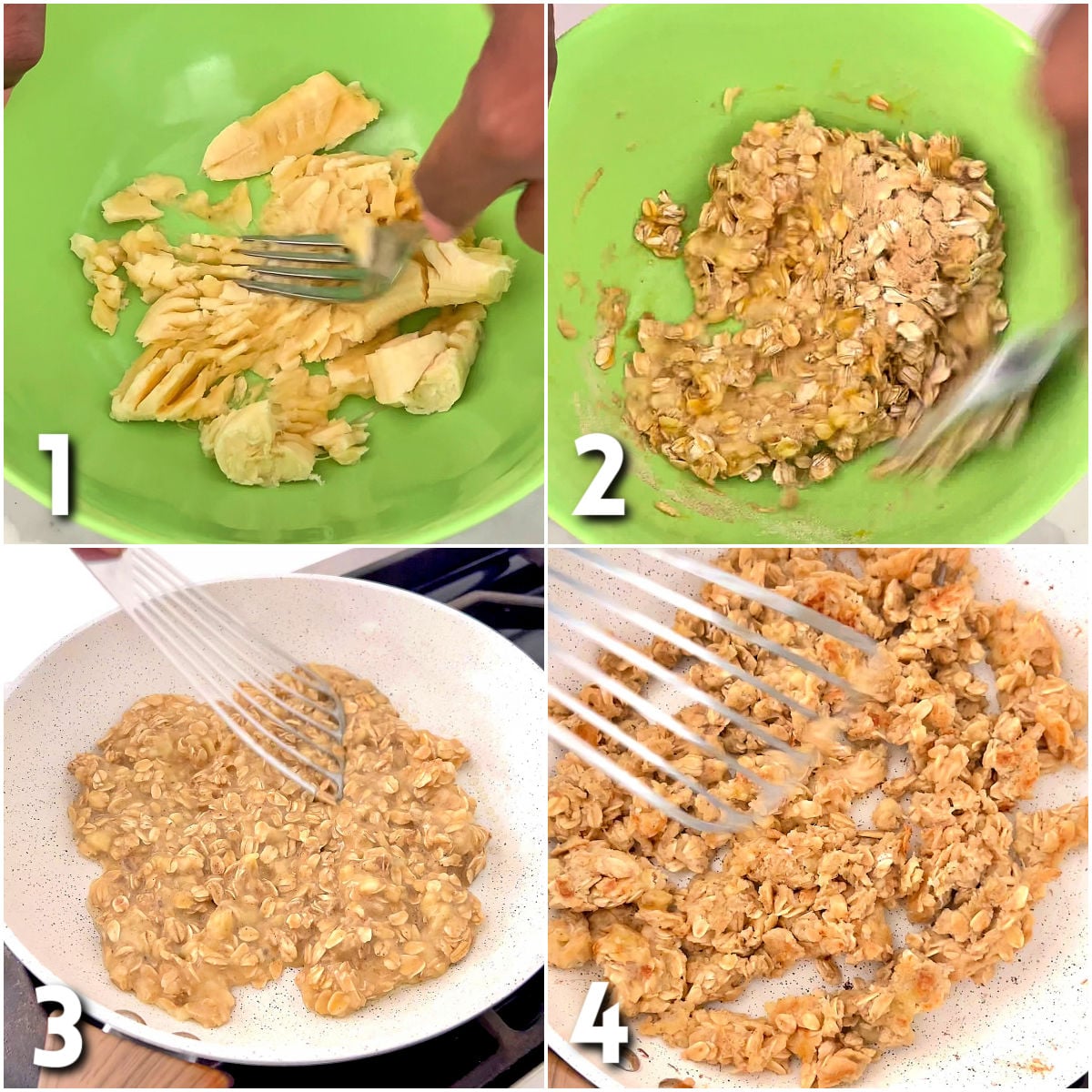 Steps for making scrambled oats.