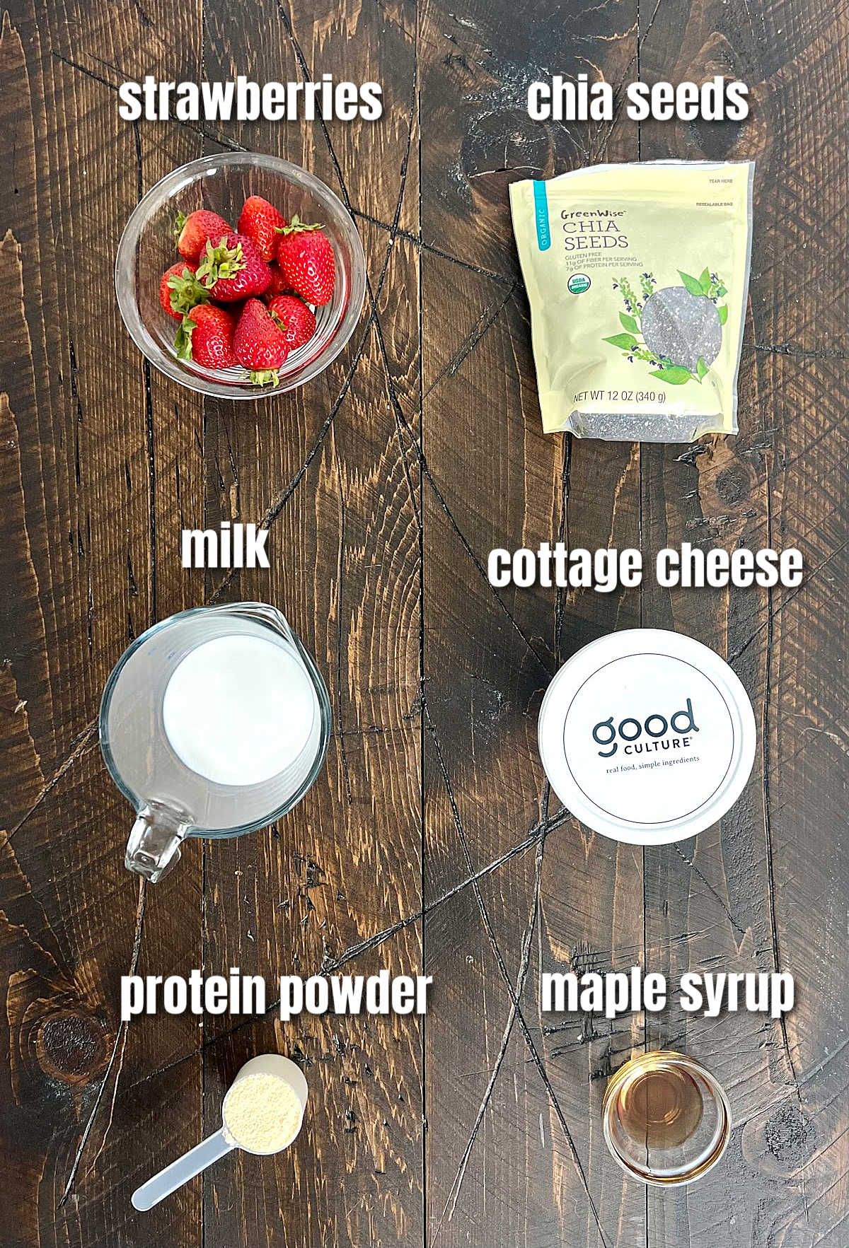 Ingredients for making strawberry cheesecake chia pudding.