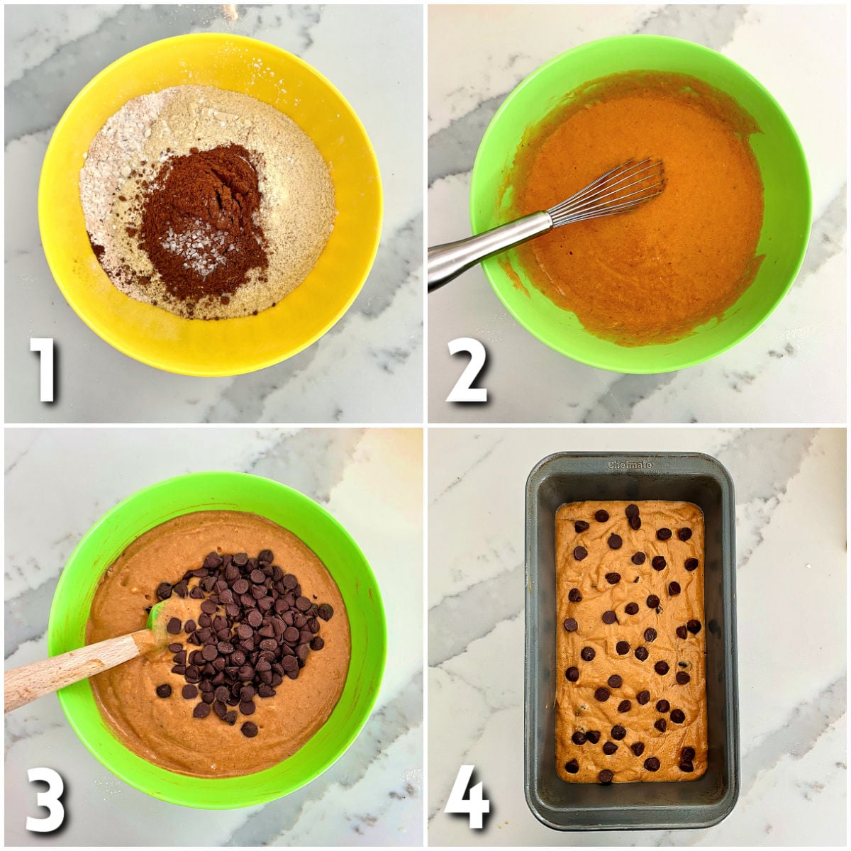 Steps for making high protein pumpkin chocolate chip bread.