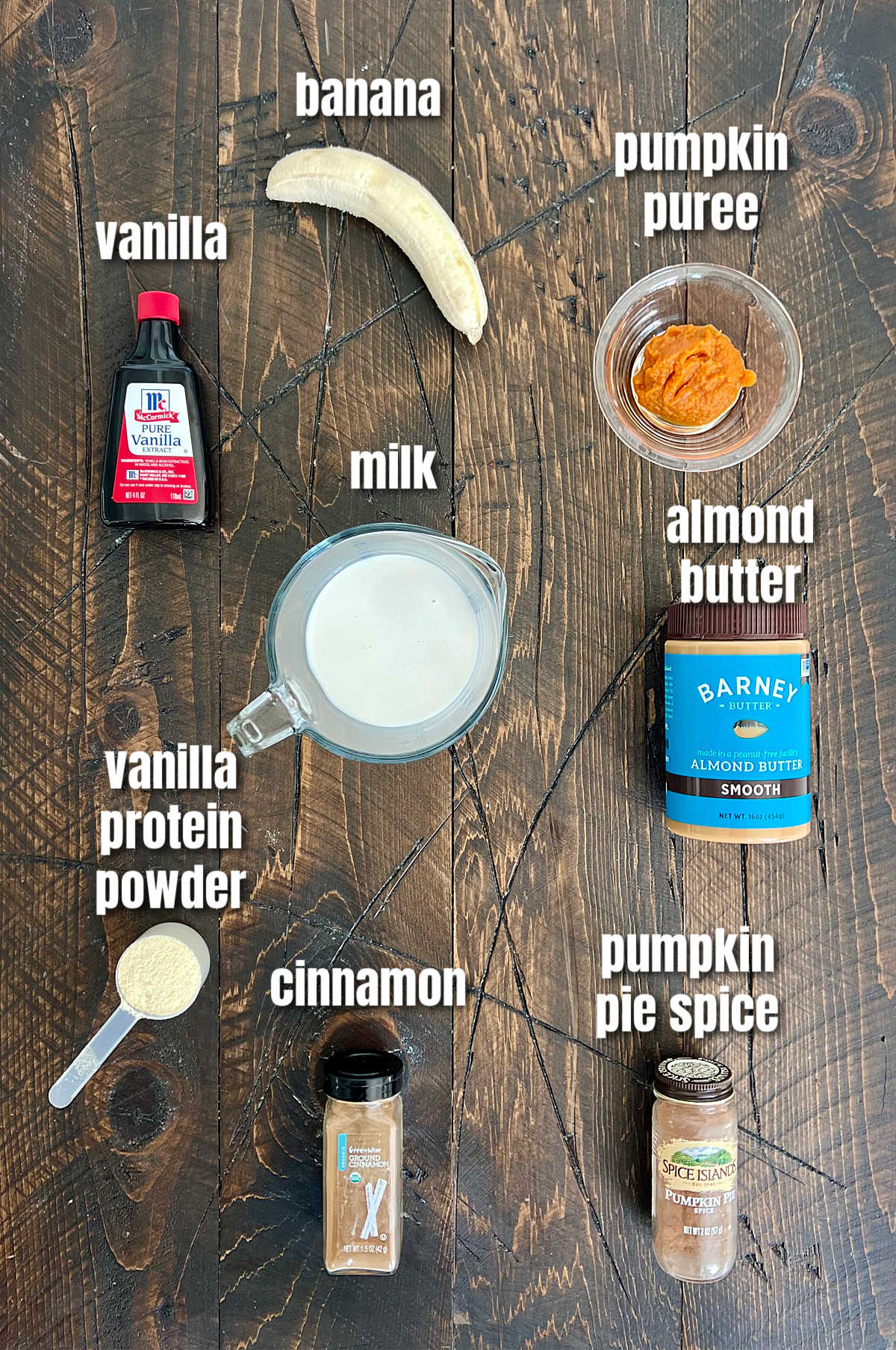 Ingredients or making a Pumpkin Spice Protein Shake.
