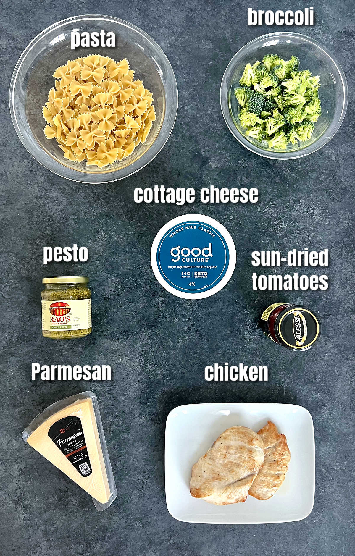 Ingredients for making Pasta with Chicken and Creamy Cottage Cheese Sauce.