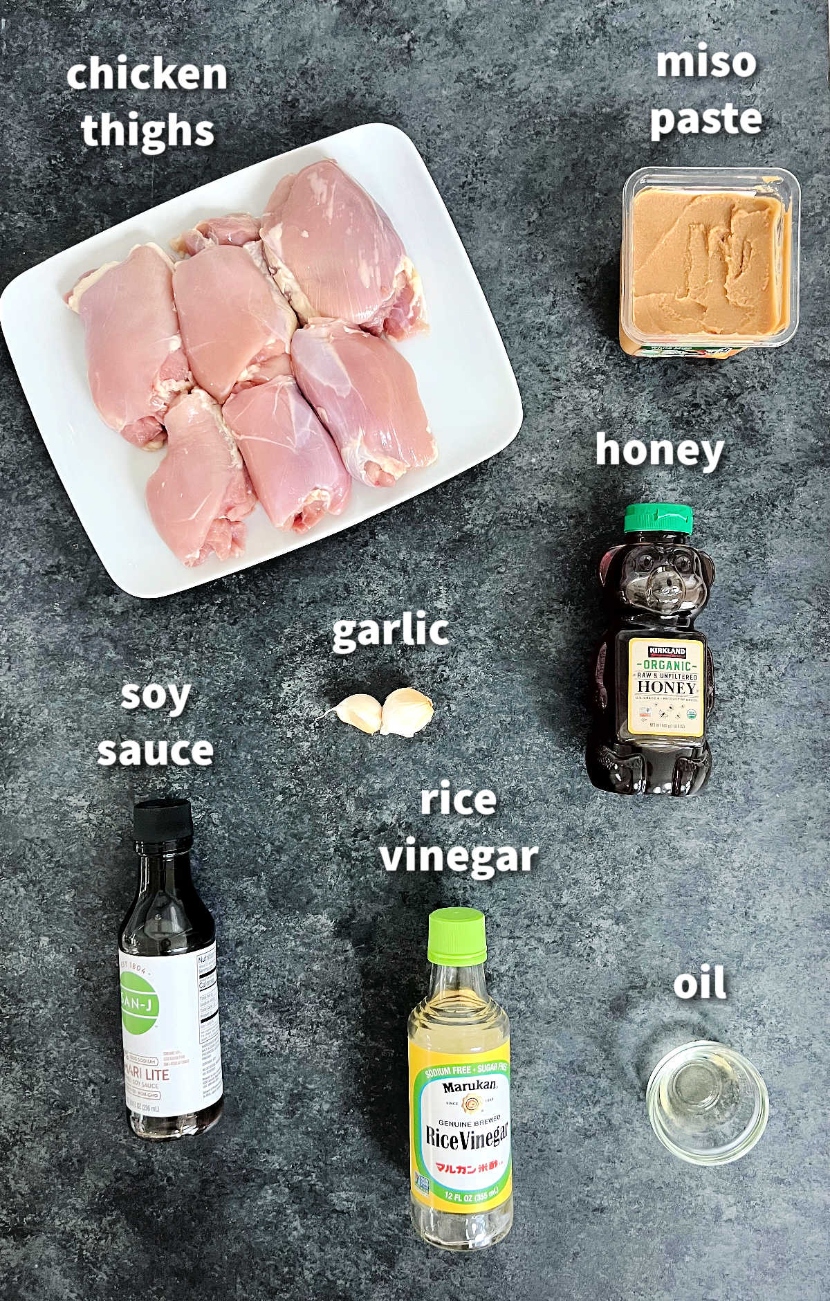 Ingredients for making sheet pan miso chicken thighs.