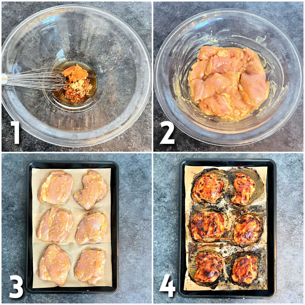 Steps for making sheet pan miso chicken thighs.