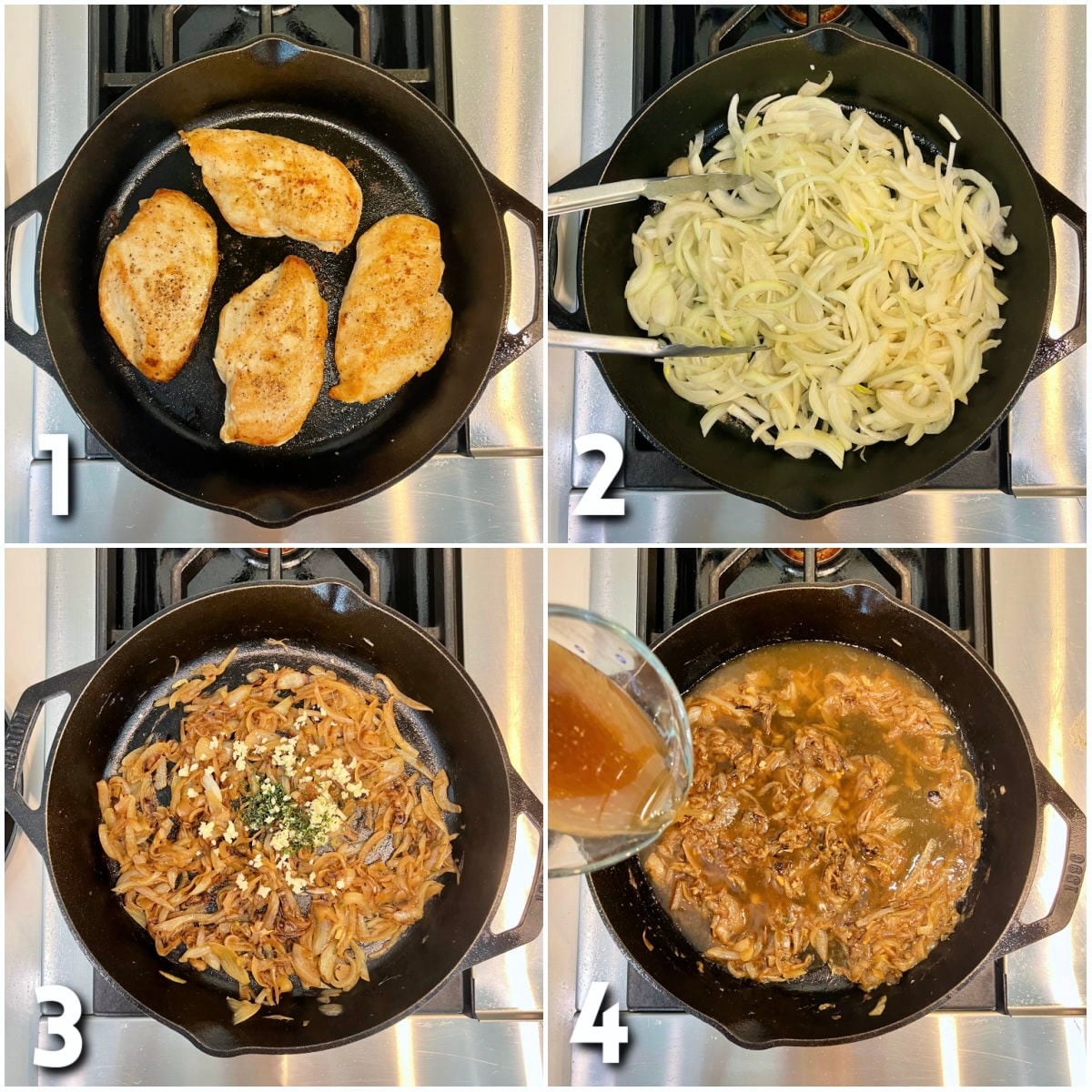 Steps 1-4 for Easy Skillet French Onion Chicken.