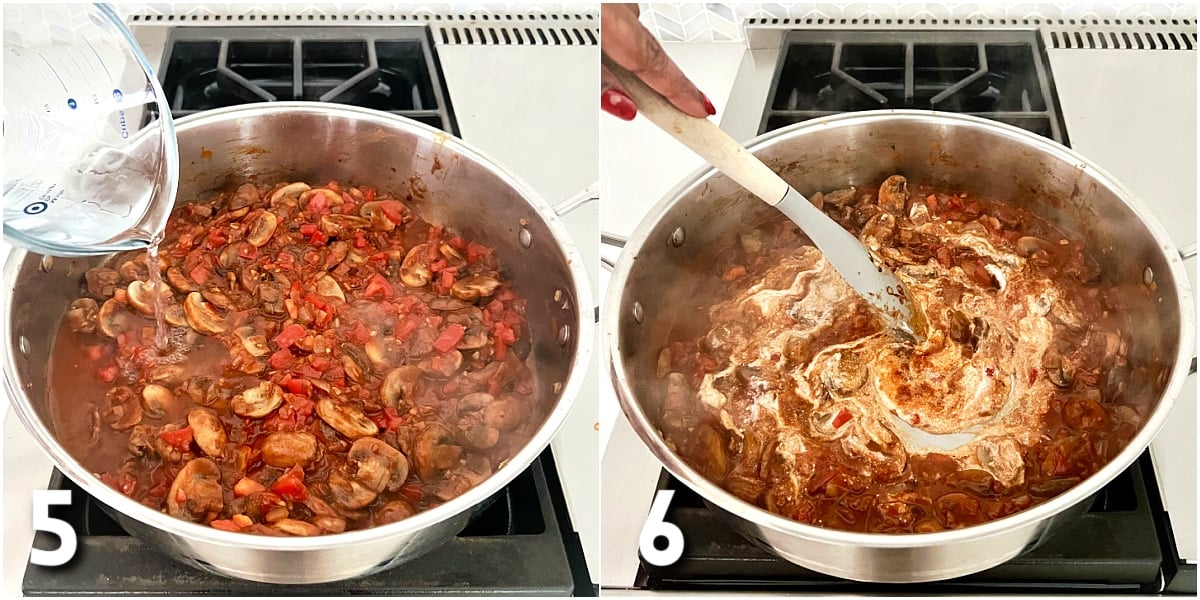 Step 5 and 6 for making mushroom paprikash.