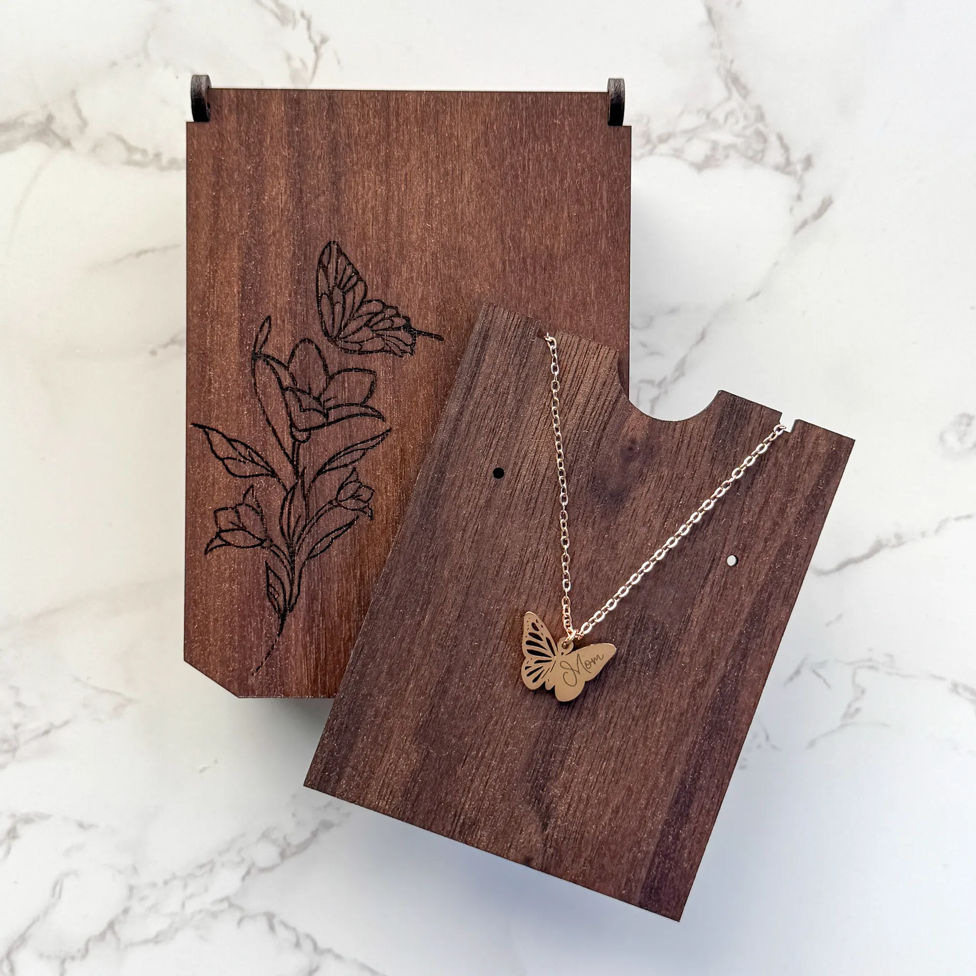laser cut and engraved jewelry box with laser engraved butterfly pendant